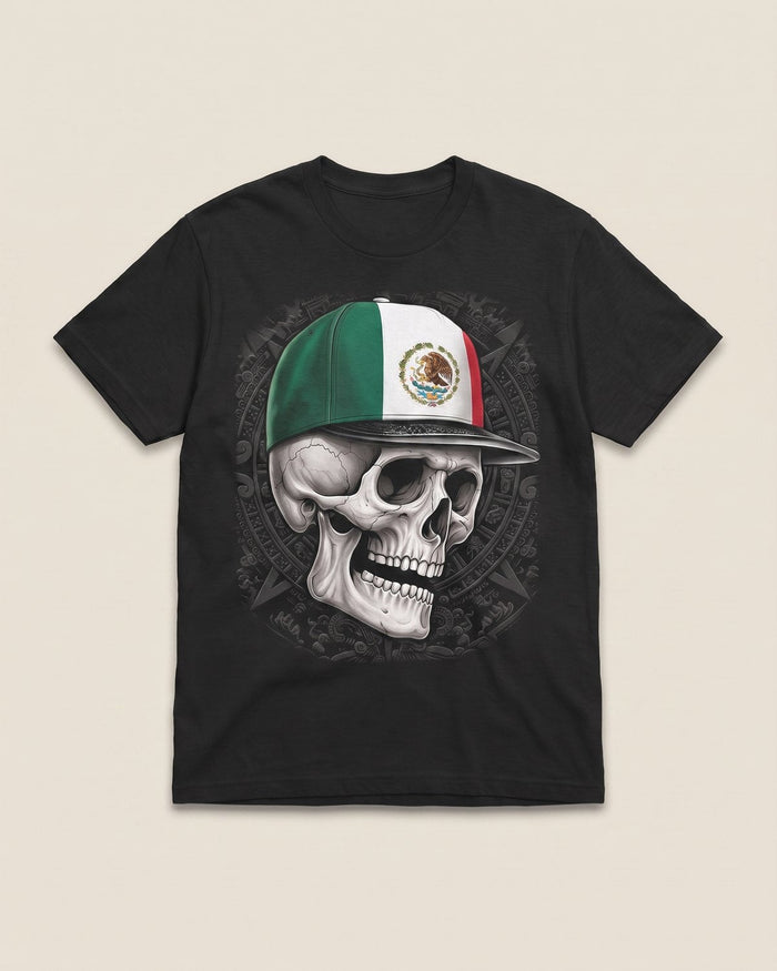 La Calavera black tee, front view on bone background.