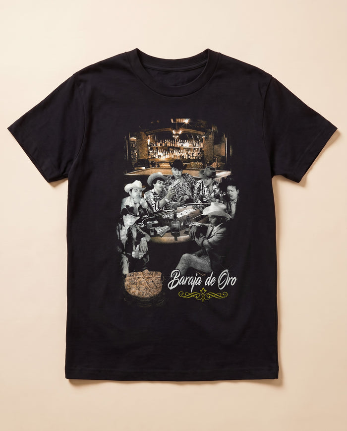 Baraja de Oro black tee — flat lay