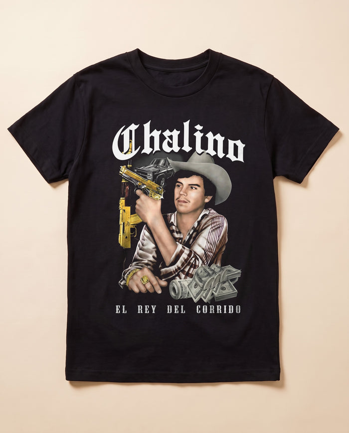 El Rey del Corrido black tee — flat lay