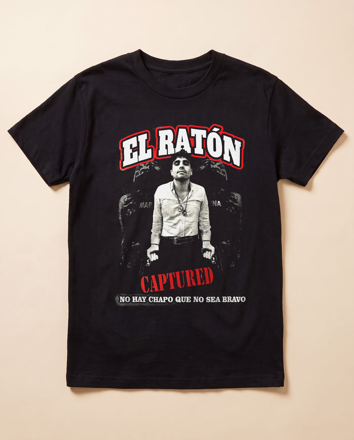 El Ratón black tee — flat lay