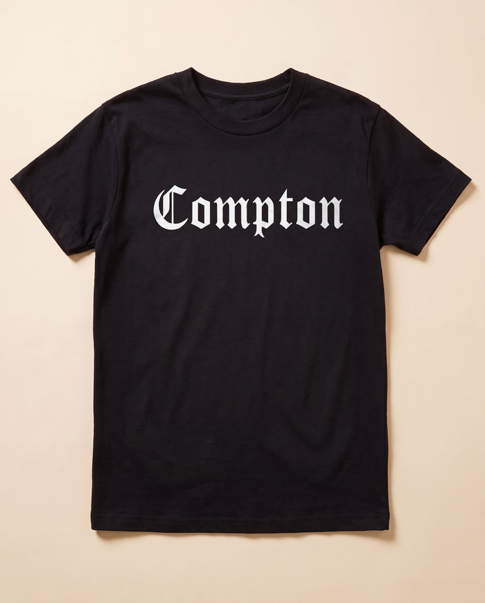 Compton black tee — flat lay