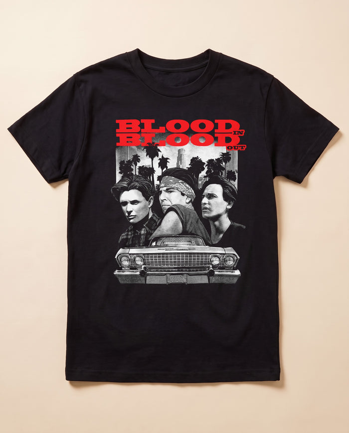 Whittier Boulevard black tee — flat lay