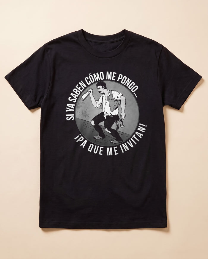 Pa Que Me Invitan black tee — flat lay