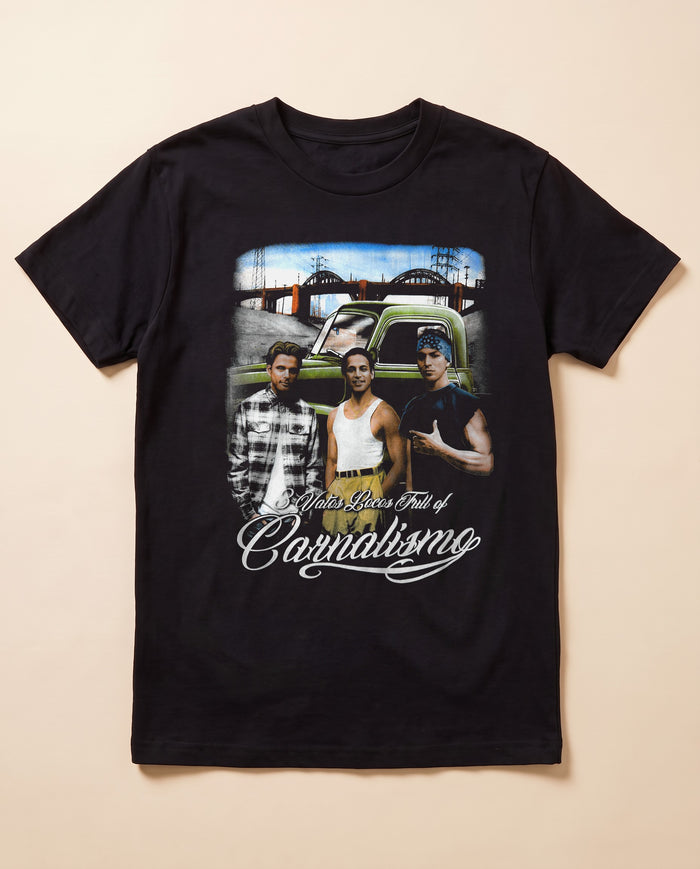 Carnalismo black tee — flat lay