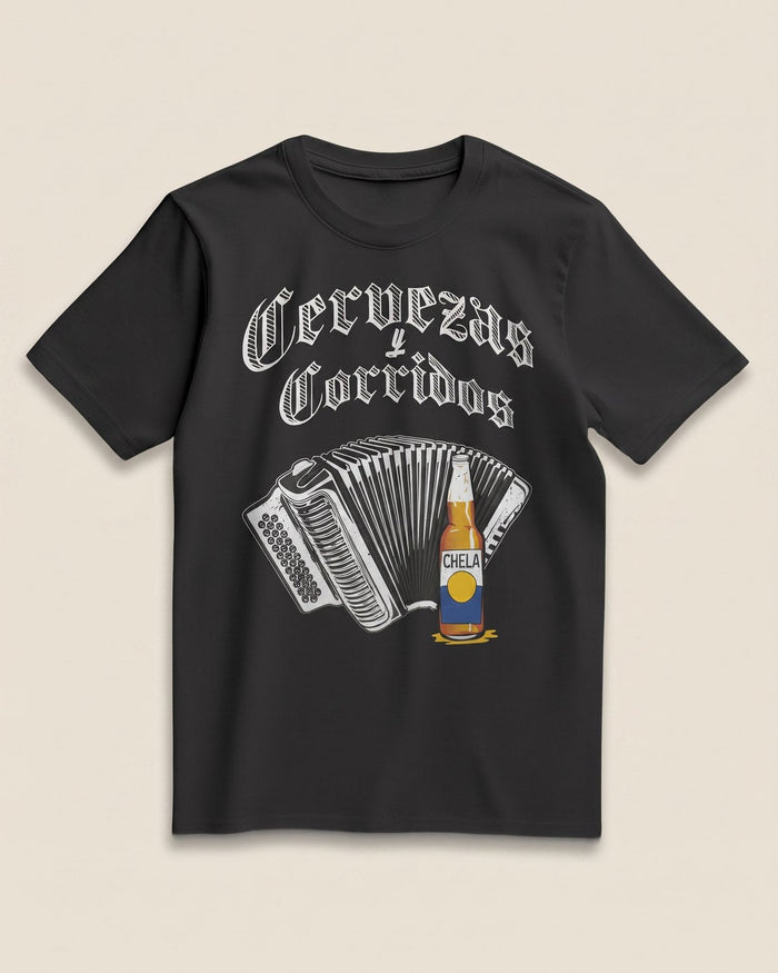 Cervezas y Corridos black tee, front view on bone background.