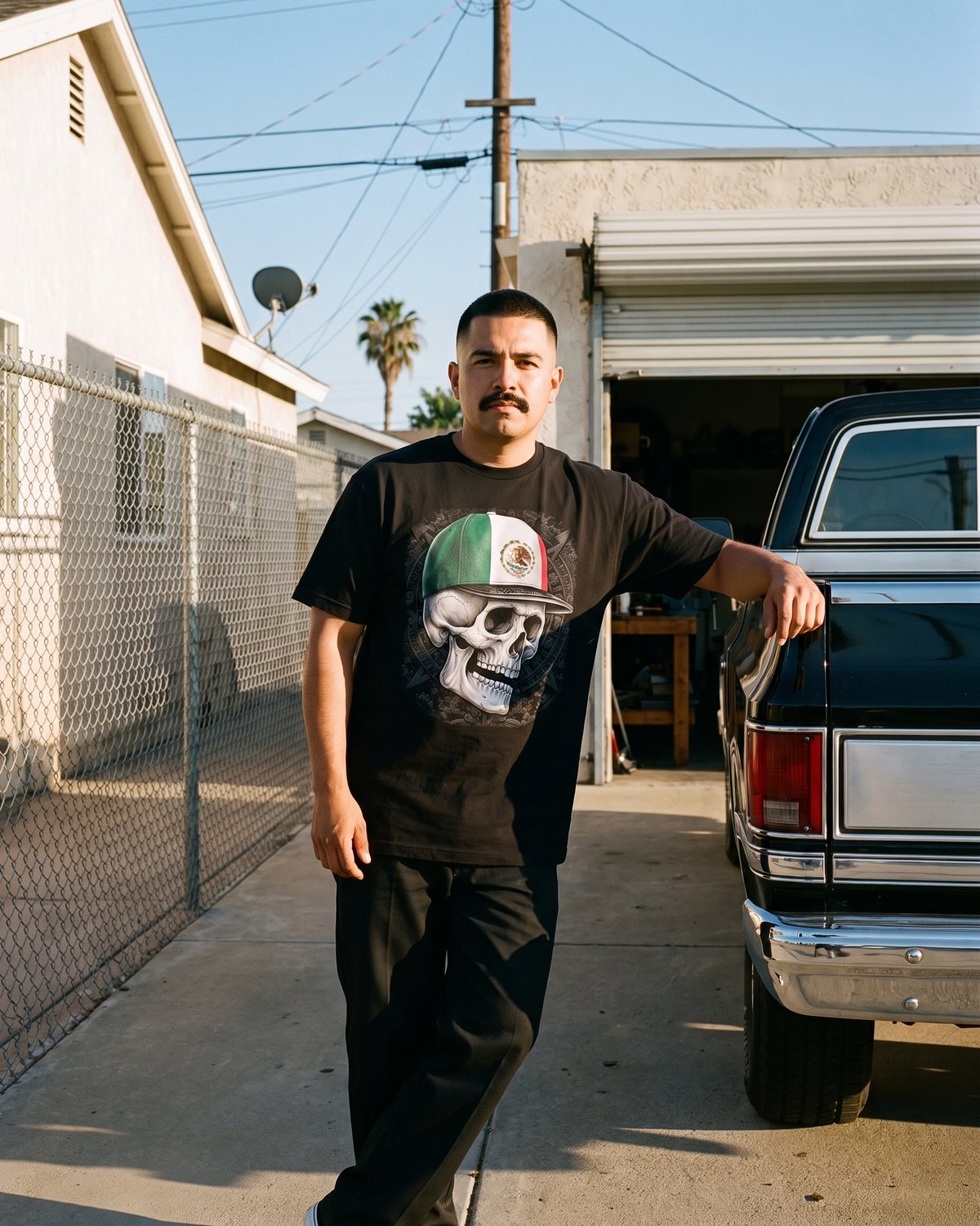La Calavera tee in a driveway beside a black pickup, open garage behind.