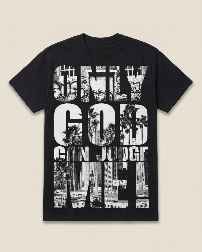 Only God Can Judge Me black tee, front view on bone background.